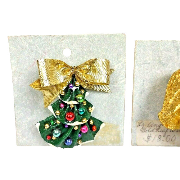 Vintage Handmade Christmas Brooch Pins Rhinestone Bow Tree, Gold Angel Lot of 2 - Picture 2 of 7